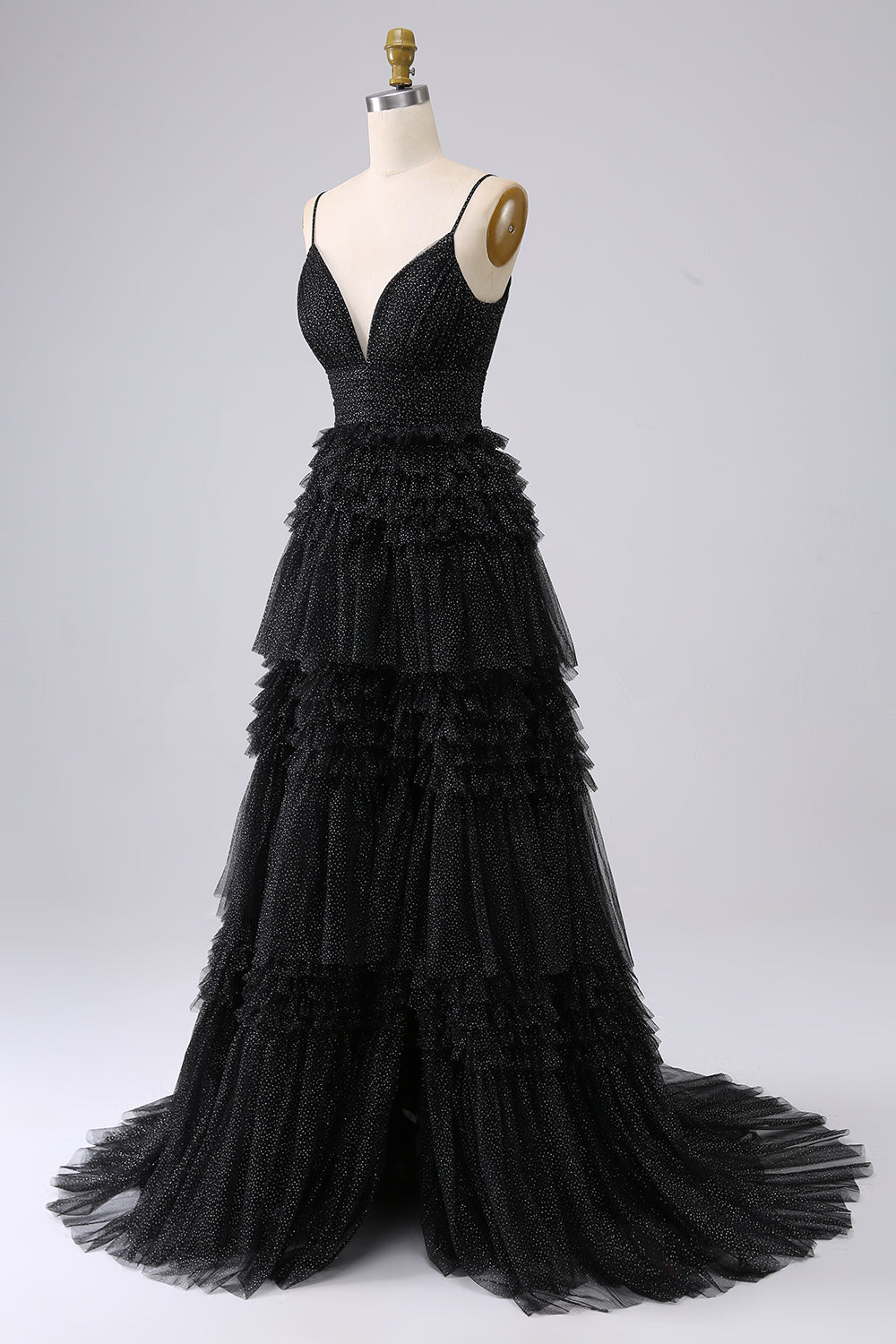 Robe de bal longue bleu marine à bretelles spaghetti en forme trapèze avec volants