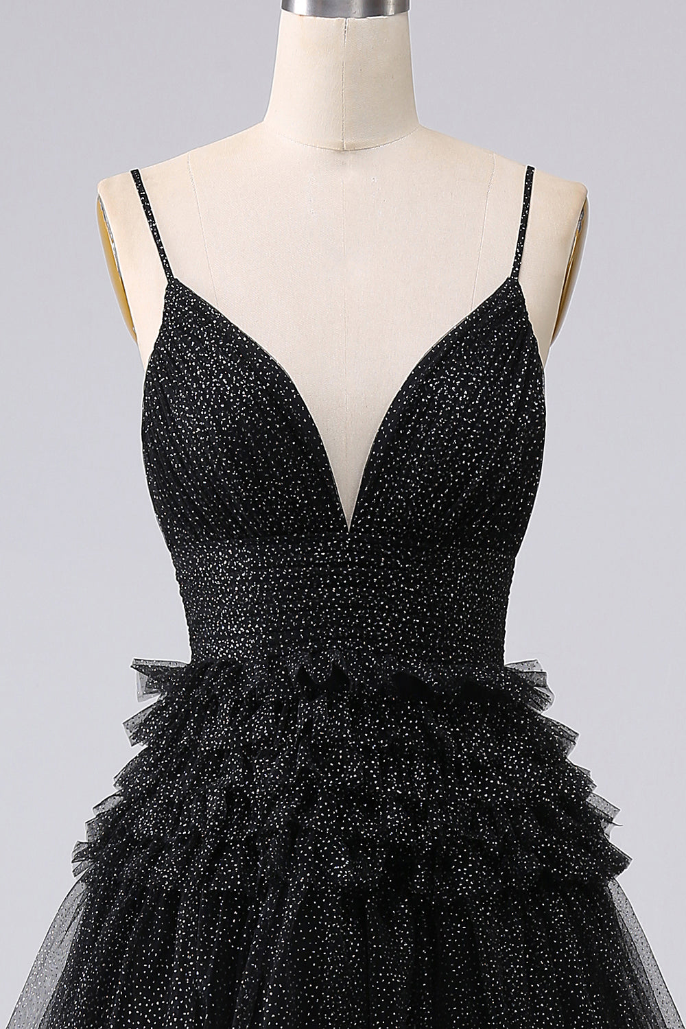 Robe de bal longue bleu marine à bretelles spaghetti en forme trapèze avec volants