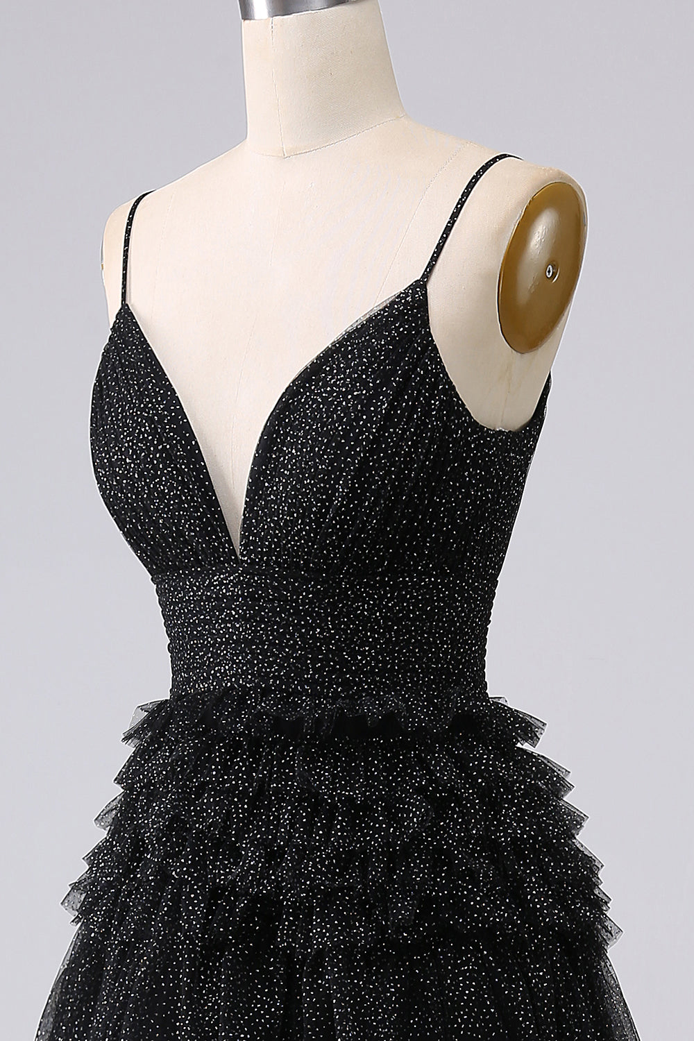 Robe de bal longue bleu marine à bretelles spaghetti en forme trapèze avec volants