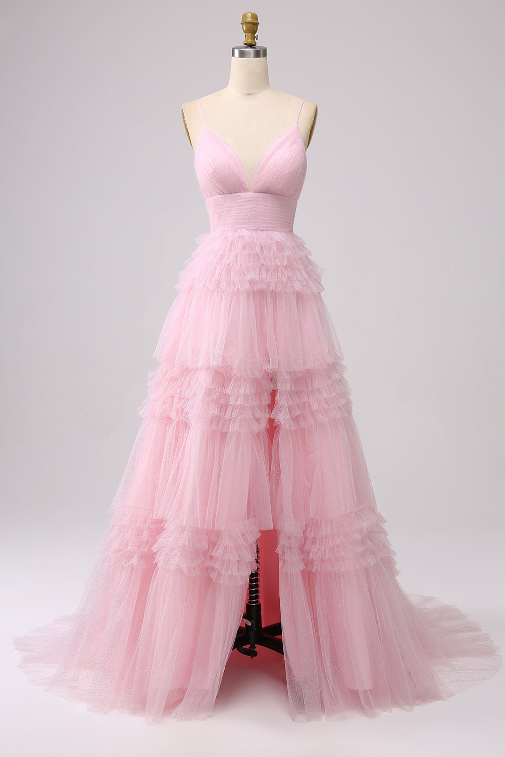 Robe de bal longue bleu marine à bretelles spaghetti en forme trapèze avec volants