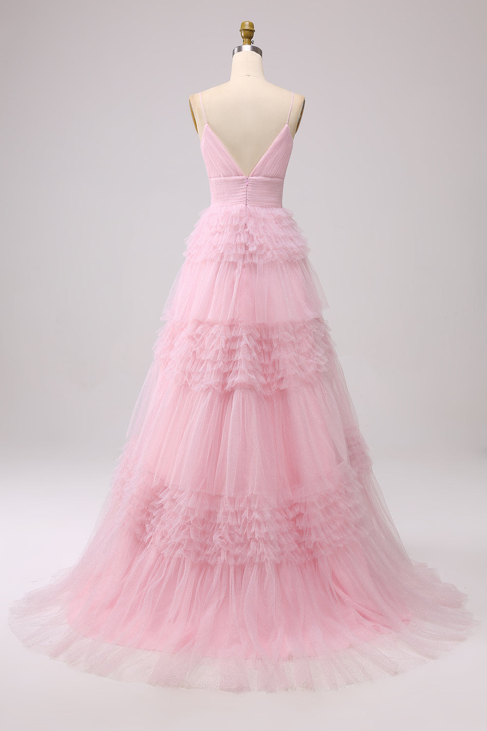 Robe de bal longue bleu marine à bretelles spaghetti en forme trapèze avec volants