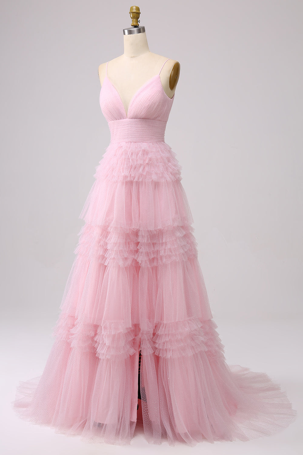 Robe de bal longue bleu marine à bretelles spaghetti en forme trapèze avec volants