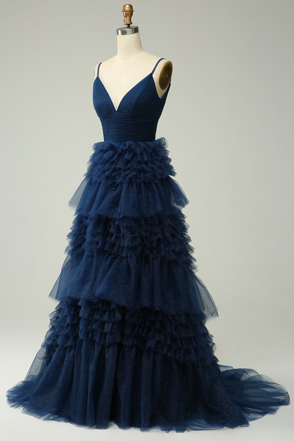 Robe de bal longue bleu marine à bretelles spaghetti en forme trapèze avec volants