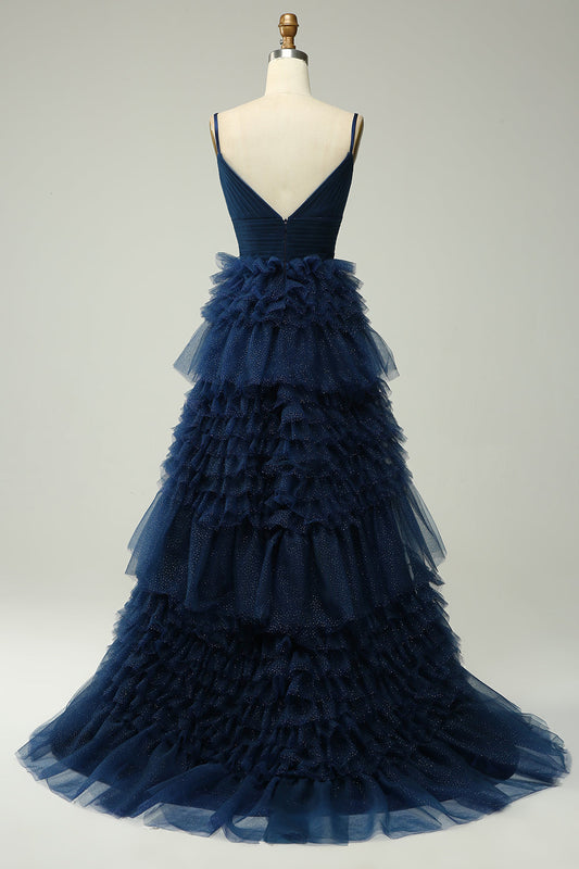 Vestido largo de fiesta azul marino con tirantes finos, corte A y volantes