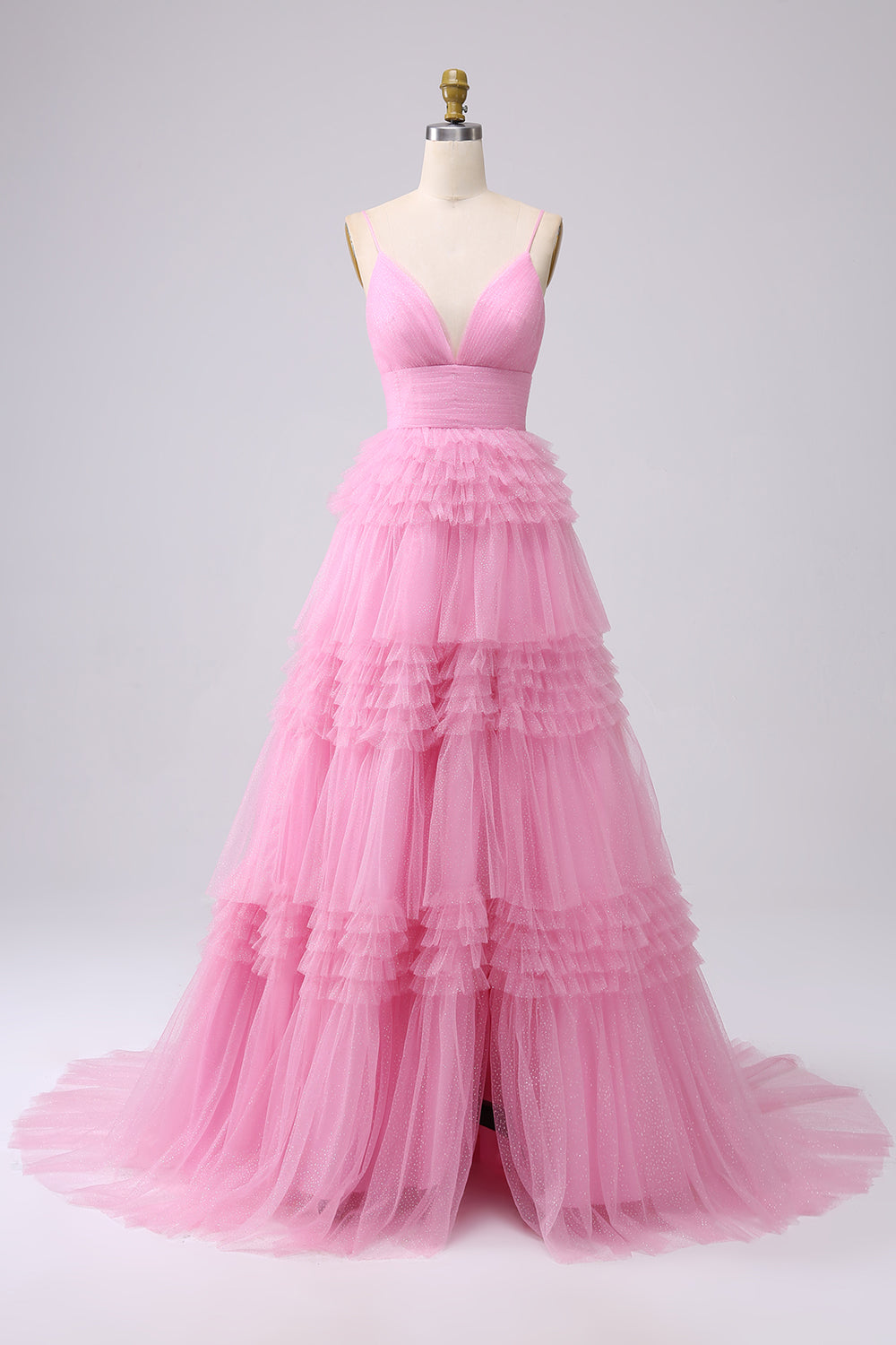 Robe de bal longue bleu marine à bretelles spaghetti en forme trapèze avec volants