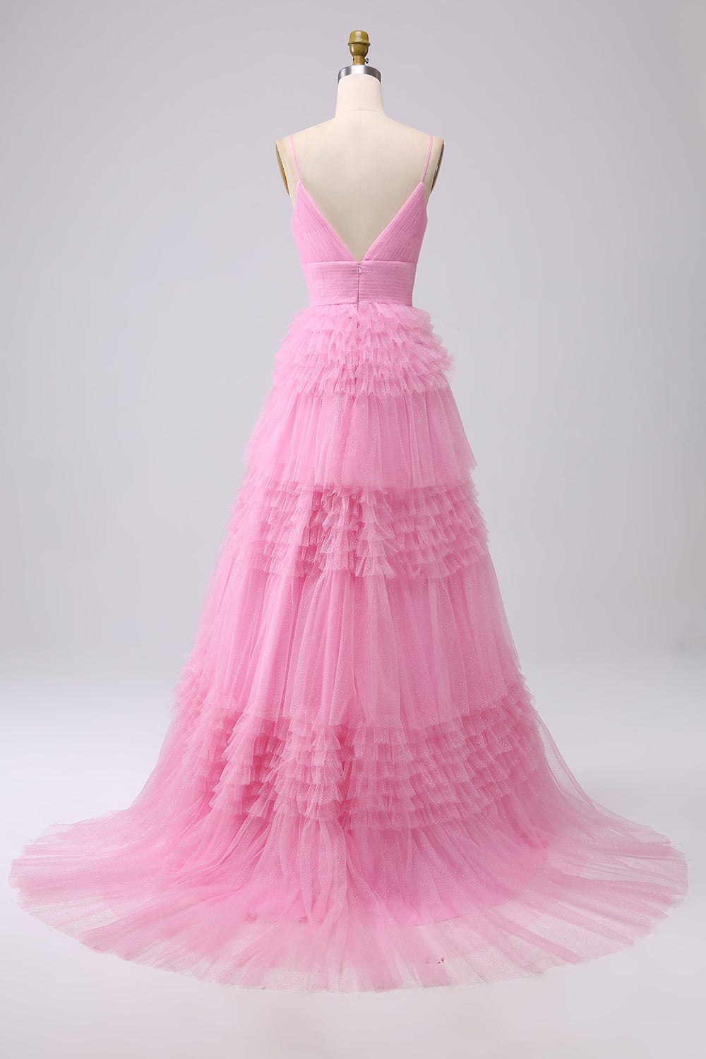 Robe de bal longue bleu marine à bretelles spaghetti en forme trapèze avec volants