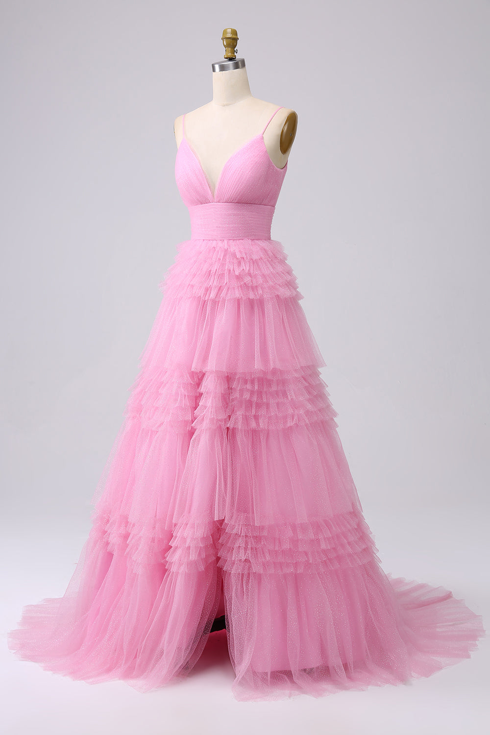 Robe de bal longue bleu marine à bretelles spaghetti en forme trapèze avec volants