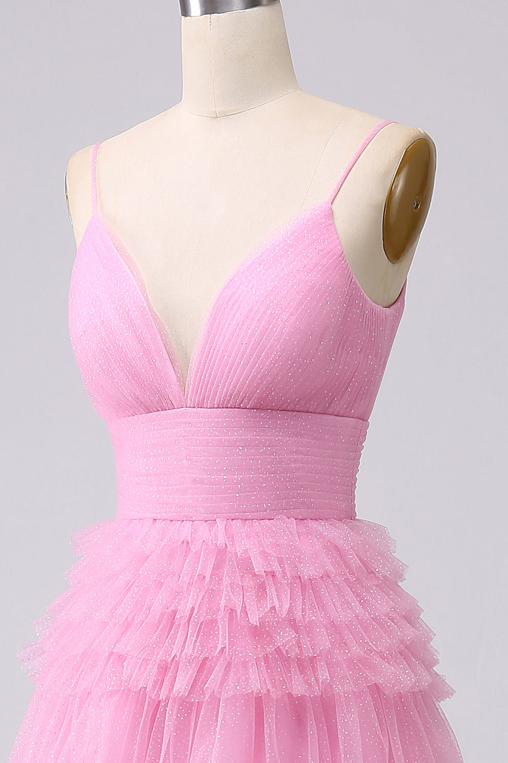 Robe de bal longue bleu marine à bretelles spaghetti en forme trapèze avec volants