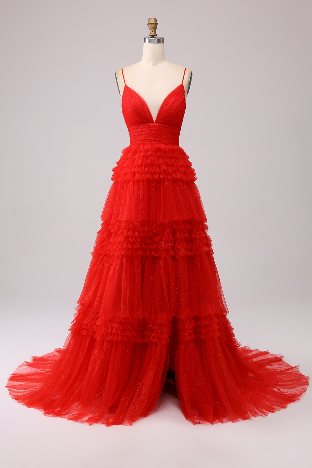 Robe de bal longue bleu marine à bretelles spaghetti en forme trapèze avec volants