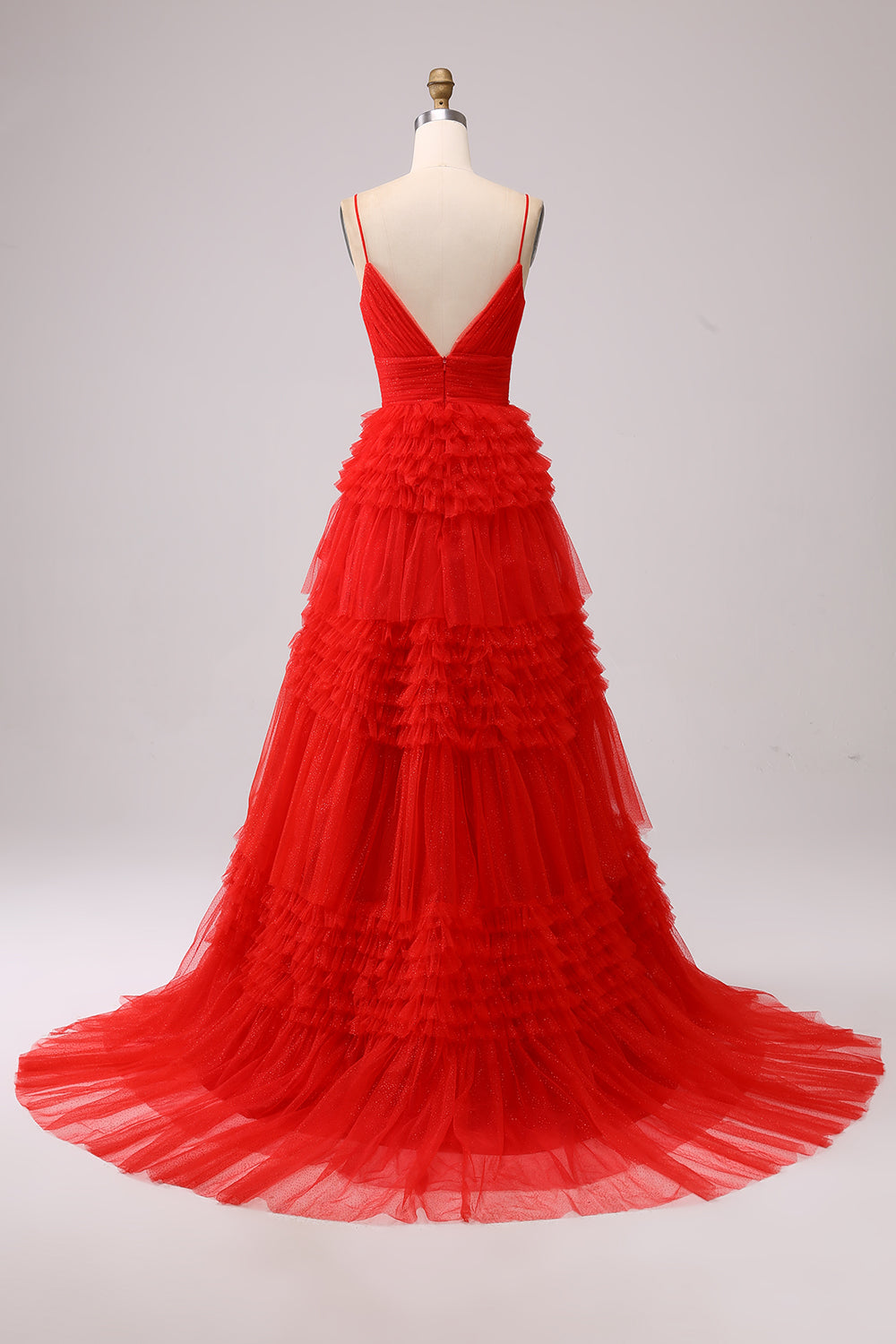 Robe de bal longue bleu marine à bretelles spaghetti en forme trapèze avec volants