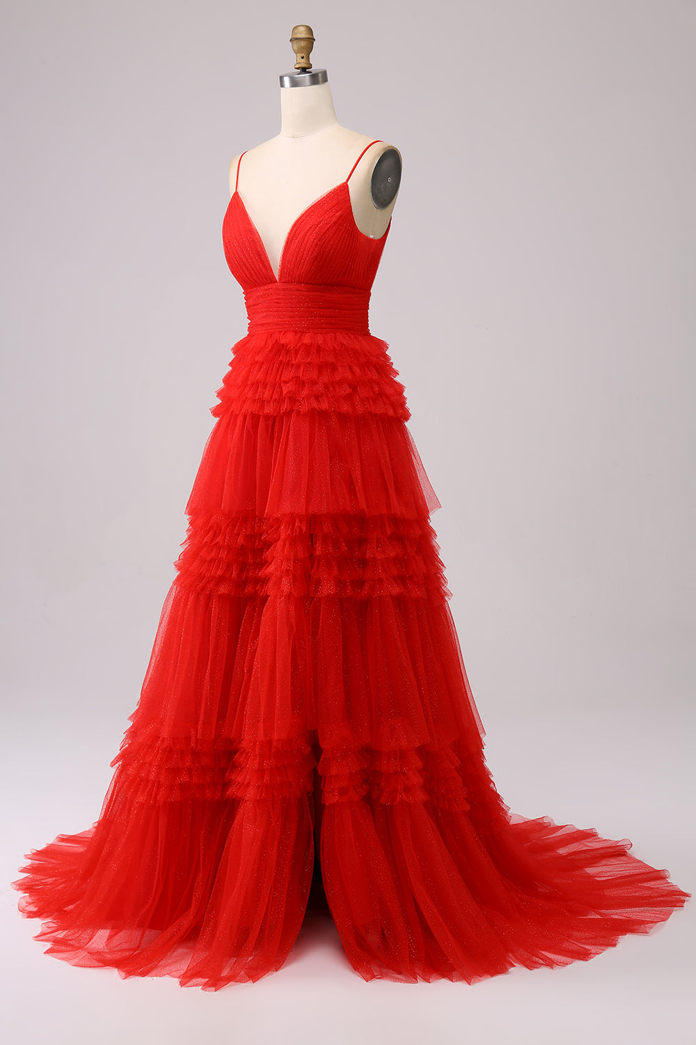 Robe de bal longue bleu marine à bretelles spaghetti en forme trapèze avec volants