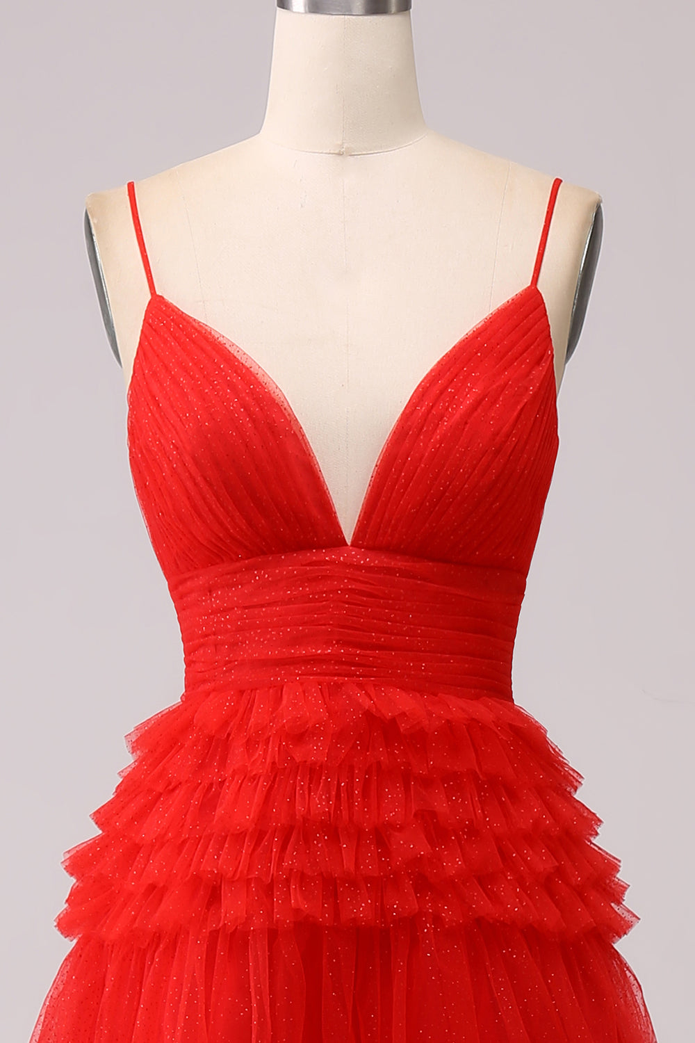 Robe de bal longue bleu marine à bretelles spaghetti en forme trapèze avec volants