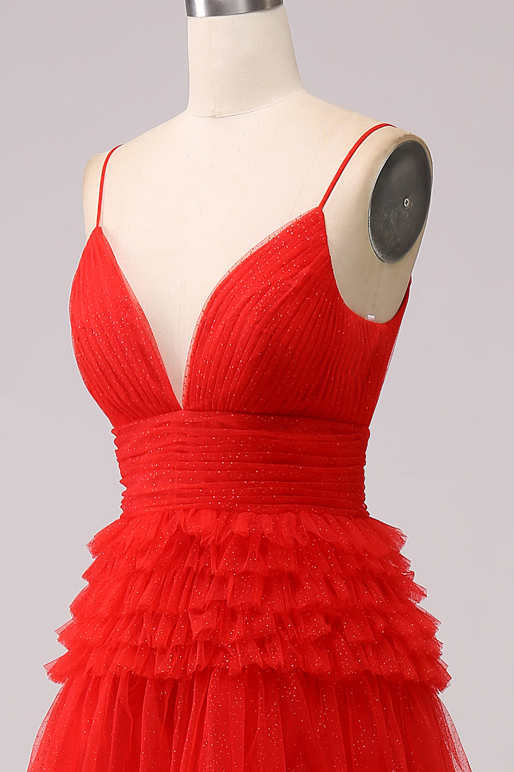 Robe de bal longue bleu marine à bretelles spaghetti en forme trapèze avec volants