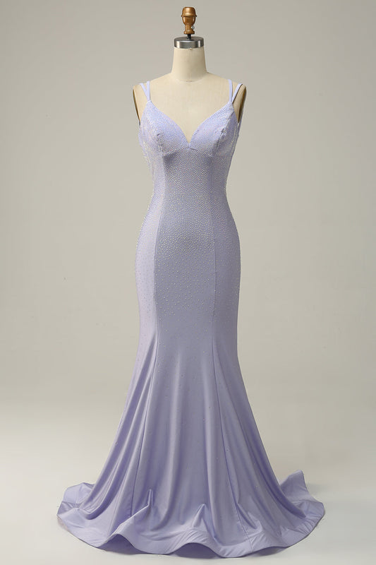 Lavender Mermaid Beaded Sparkly Prom Dress