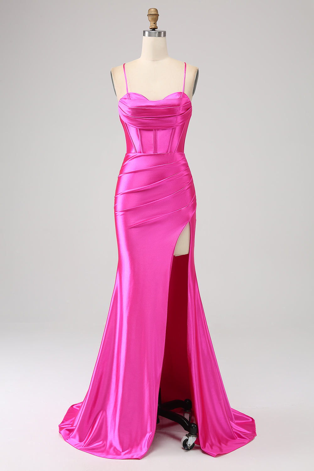Superbe robe de bal fuchsia sirène avec corsage et bretelles spaghetti, et fente sur le devant