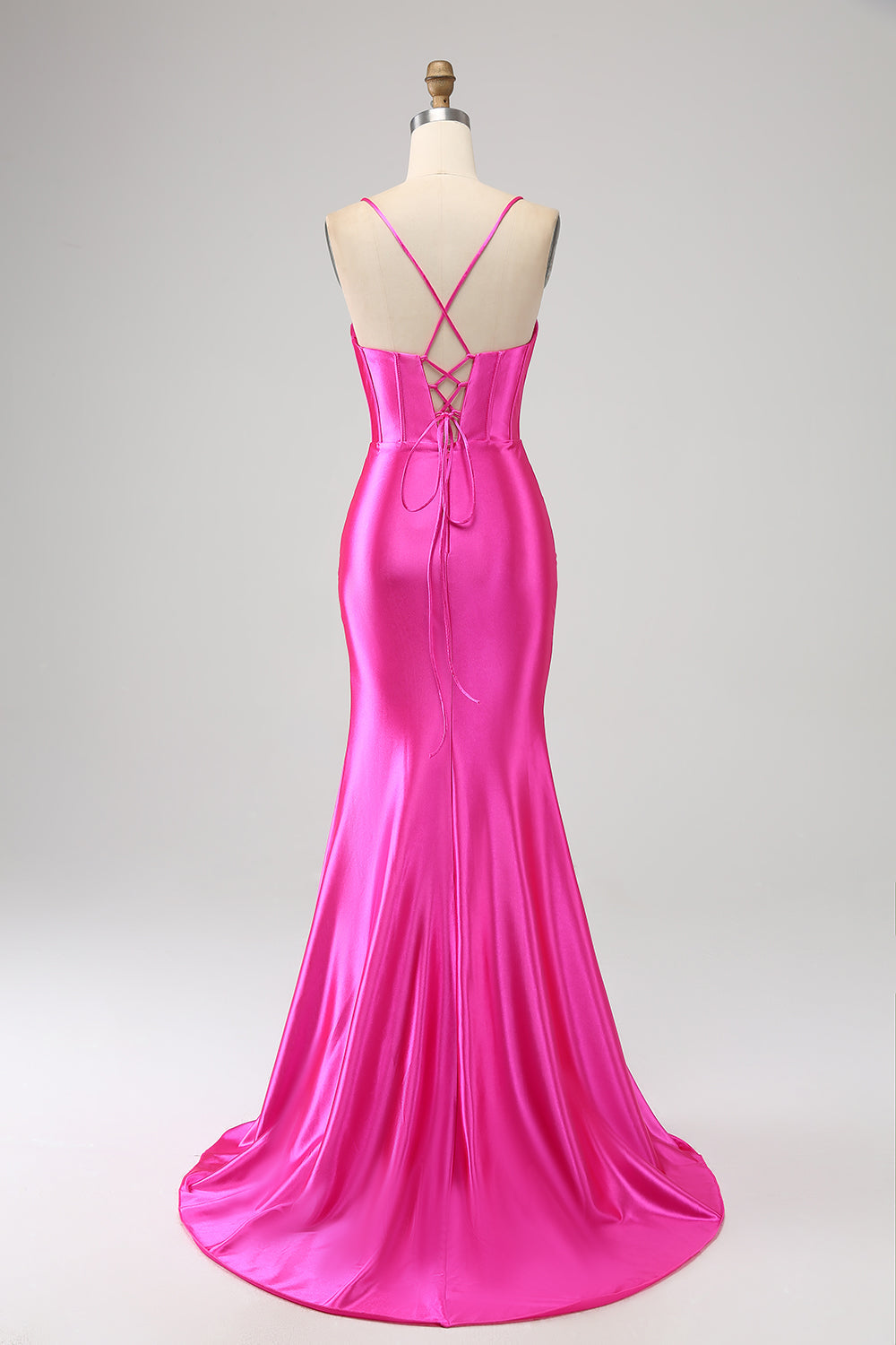 Superbe robe de bal fuchsia sirène avec corsage et bretelles spaghetti, et fente sur le devant
