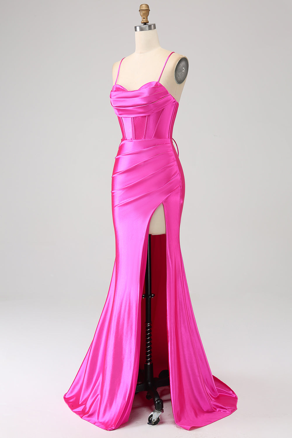 Superbe robe de bal fuchsia sirène avec corsage et bretelles spaghetti, et fente sur le devant