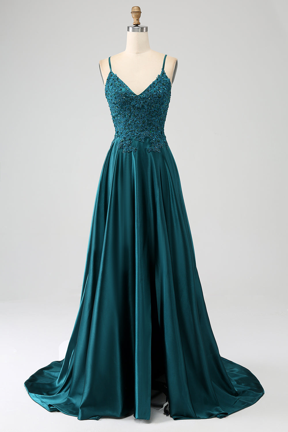 Robe longue de bal de promo trapèze vert paon à fines bretelles et fente