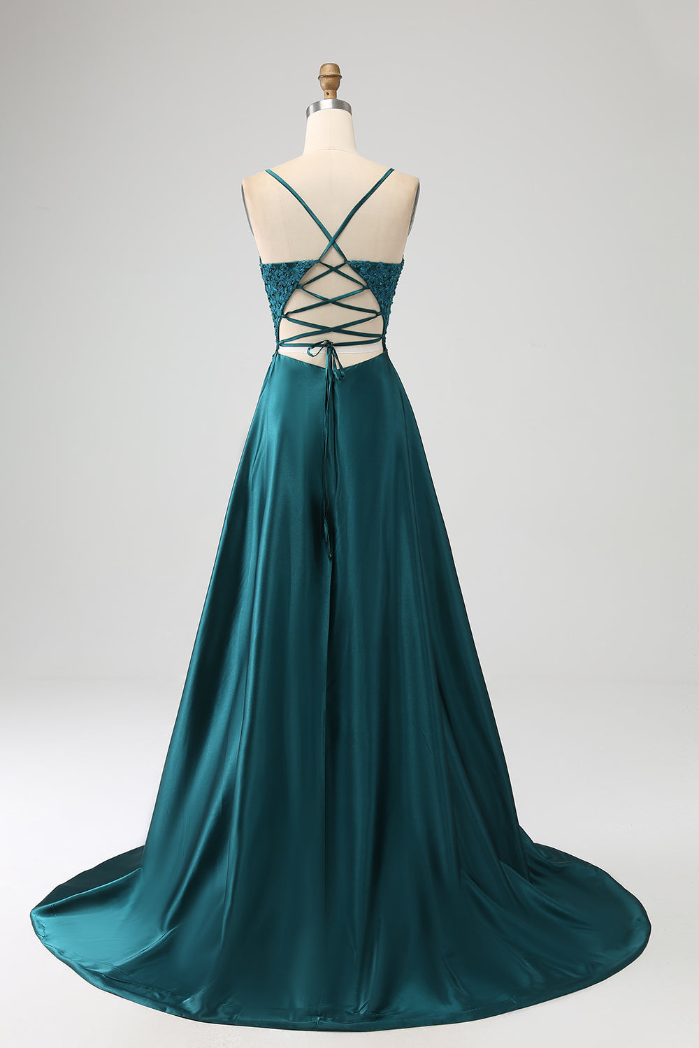 Robe longue de bal de promo trapèze vert paon à fines bretelles et fente