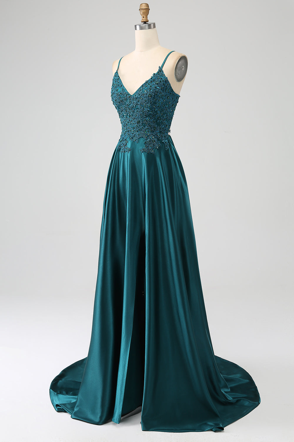 Robe longue de bal de promo trapèze vert paon à fines bretelles et fente
