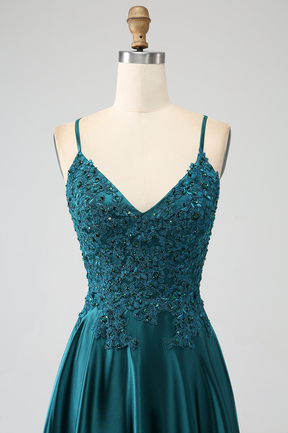 Robe longue de bal de promo trapèze vert paon à fines bretelles et fente