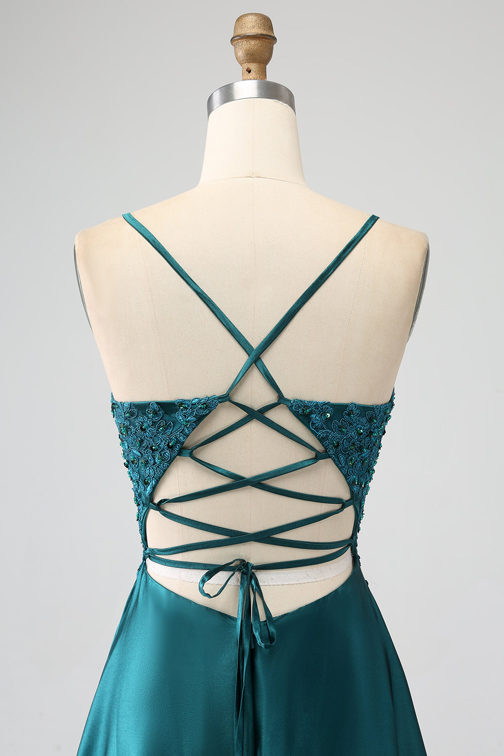 Robe longue de bal de promo trapèze vert paon à fines bretelles et fente