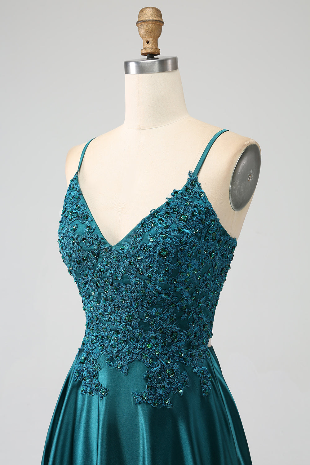Robe longue de bal de promo trapèze vert paon à fines bretelles et fente