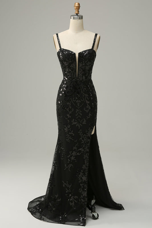 Mermaid Spaghetti Straps Black Sequin Long Prom Dress with Front Slit