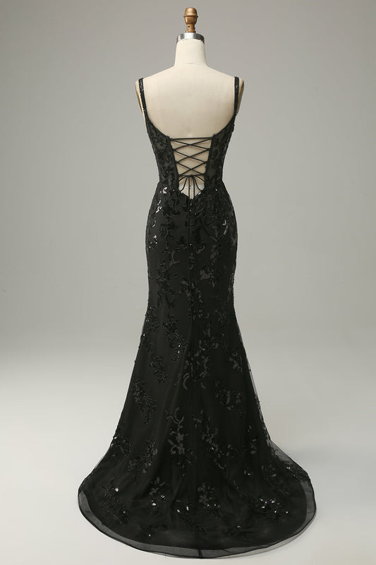 Mermaid Spaghetti Straps Black Sequin Long Prom Dress with Front Slit