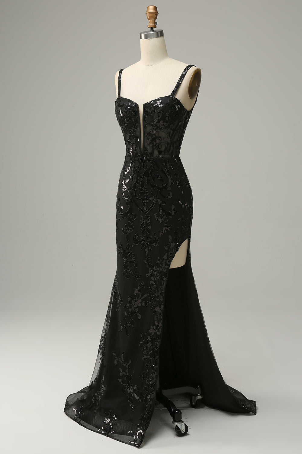 Robe de soirée longue sirène fendue en tulle noir à sequins à fines bretelles