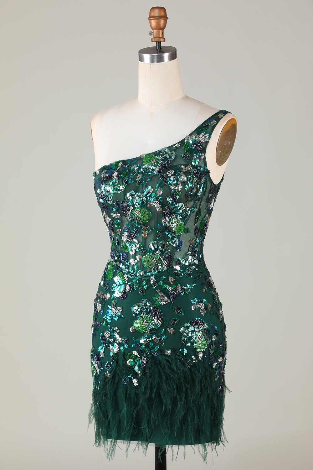 Robe courte de bal moulante à une épaule vert foncé à paillettes avec plumes