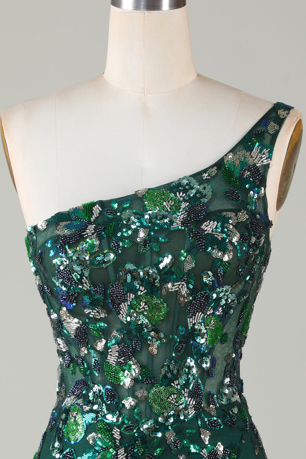 Robe courte de bal moulante à une épaule vert foncé à paillettes avec plumes