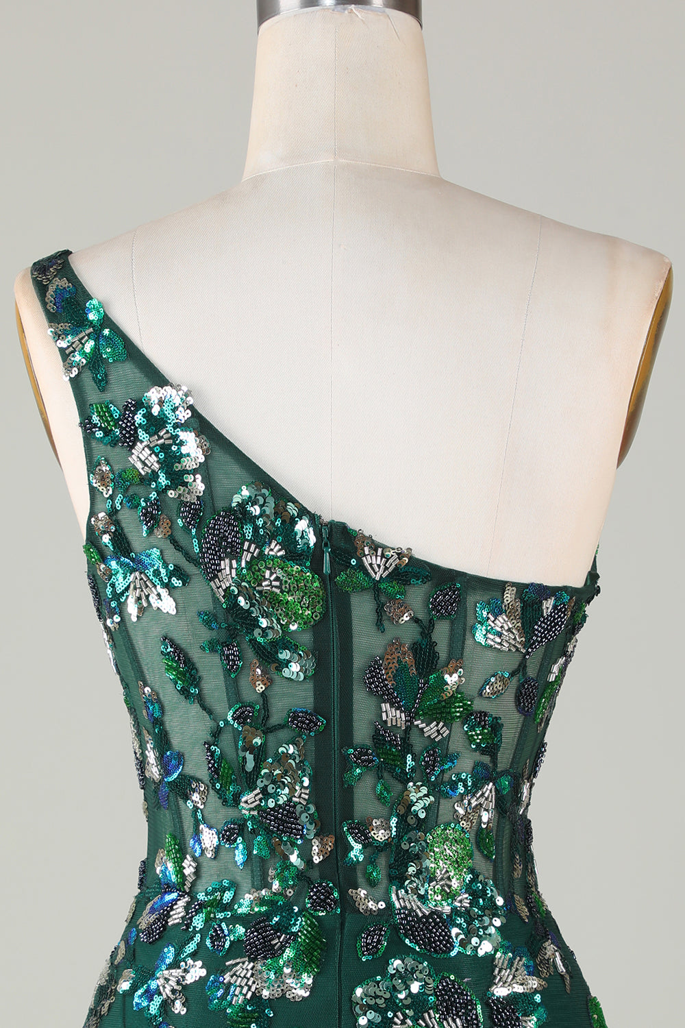 Robe courte de bal moulante à une épaule vert foncé à paillettes avec plumes