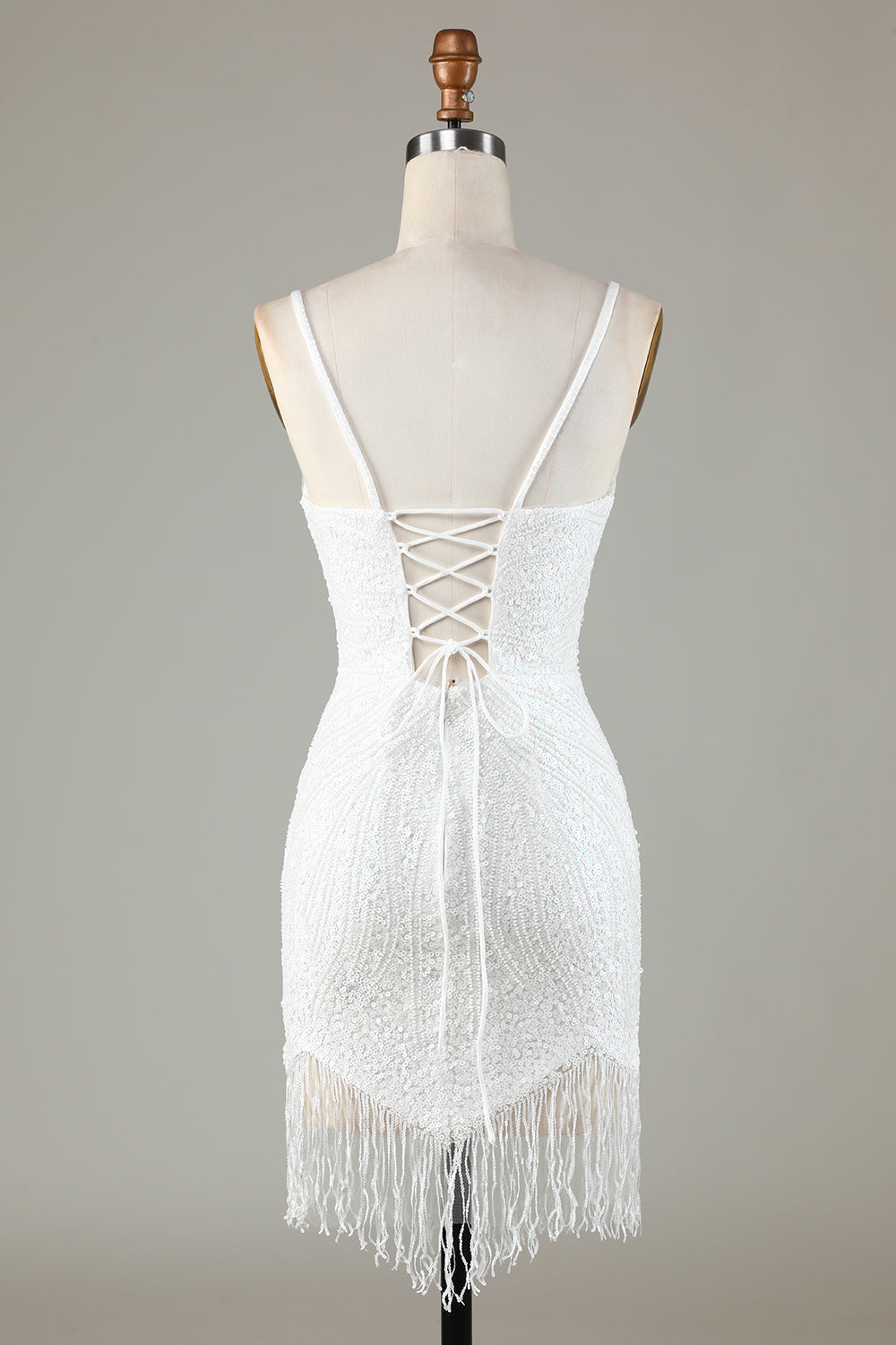 Robe courte de bal moulante et scintillante à bretelles spaghetti et dos lacé bleu, ornée de perles