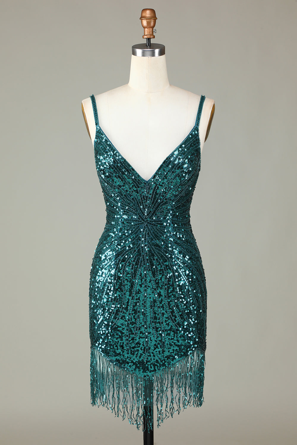 Robe de bal courte moulante et scintillante bleu à fines bretelles, lacets au dos et perles