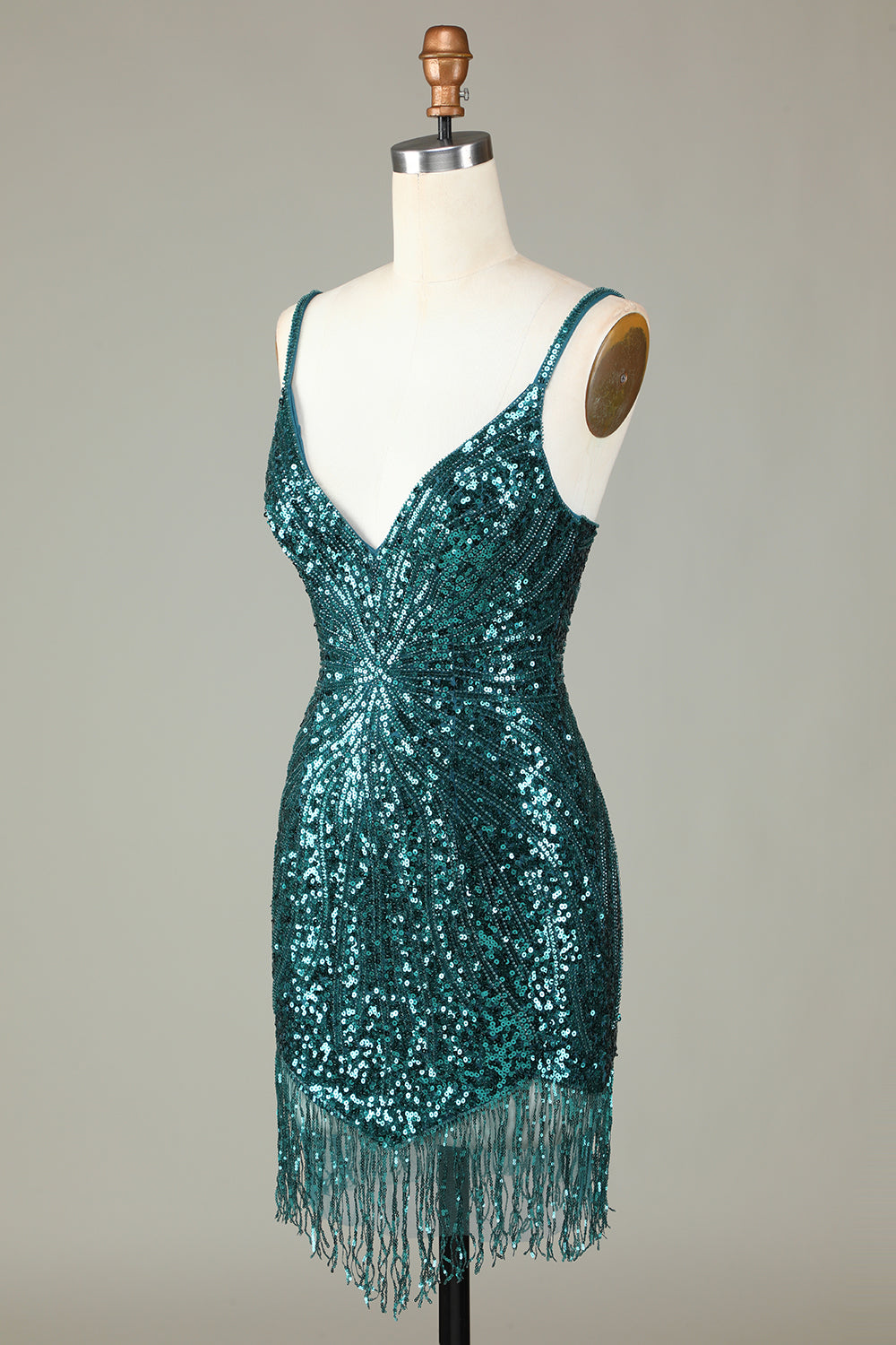 Robe Courte de Soirée Moulante à Bretelles Vertes, Dos Nu Laçé, Ornée de Perles