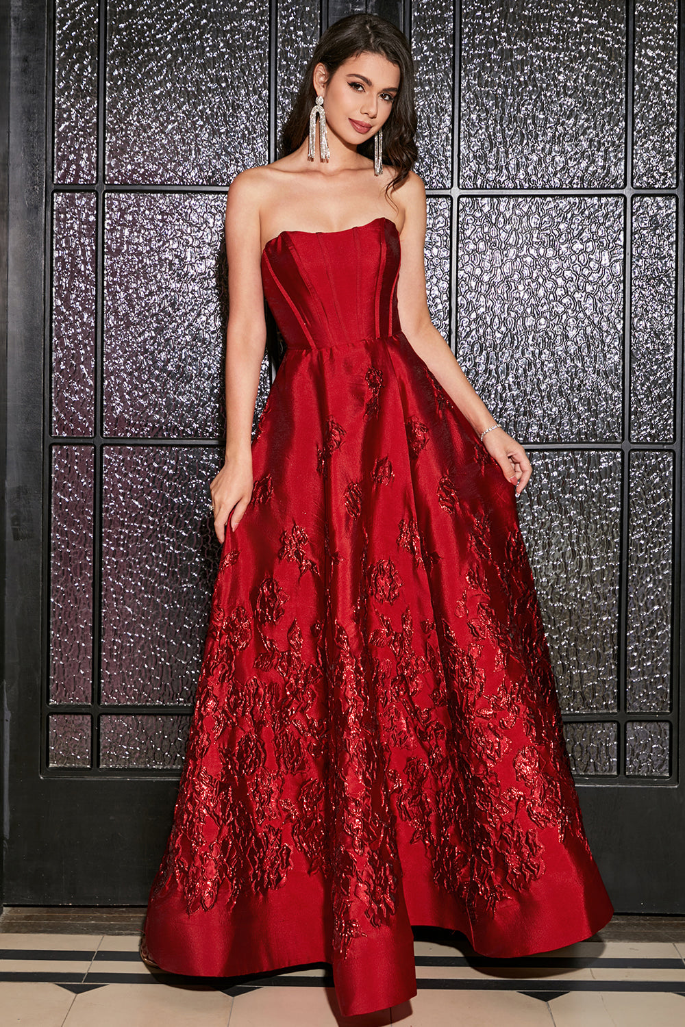 Robe de bal longue bustier rouge foncé corset coupe princesse avec accessoire