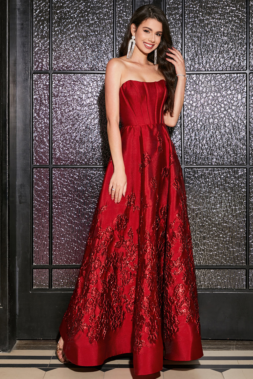 Robe de bal longue rouge foncé, ligne A, sans bretelles, élégante, style princesse, avec fleurs en 3D