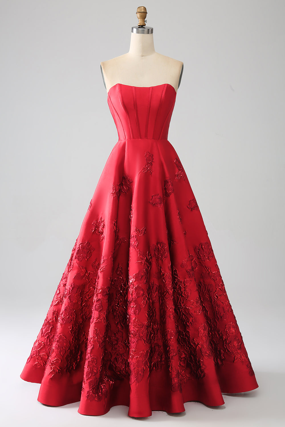 Élégante robe de bal longue rouge foncé bustier coupe trapèze princesse avec fleurs 3D