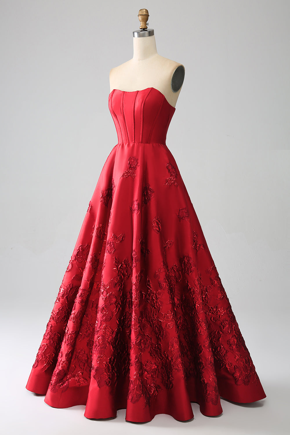 Élégante robe de bal longue rouge foncé bustier coupe trapèze princesse avec fleurs 3D