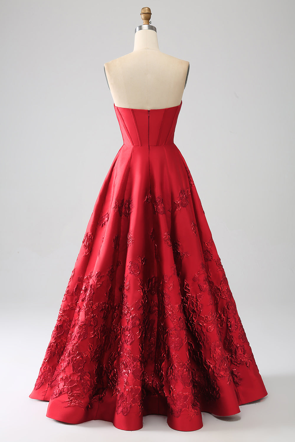 Élégante robe de bal longue rouge foncé bustier coupe trapèze princesse avec fleurs 3D