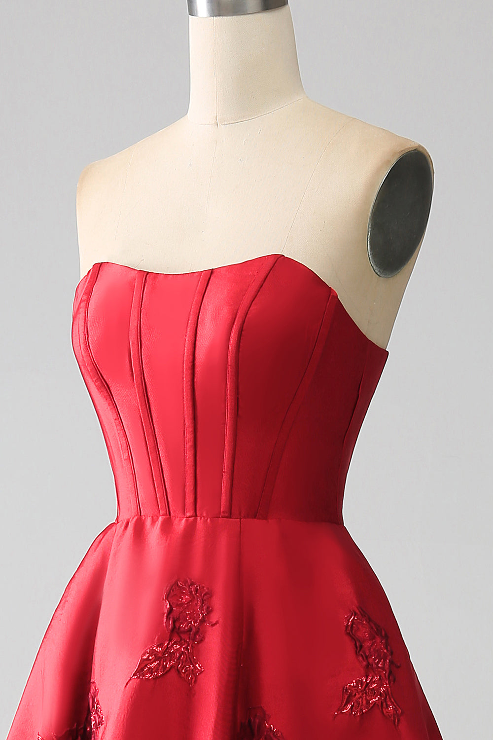 Élégante robe de bal longue rouge foncé bustier coupe trapèze princesse avec fleurs 3D