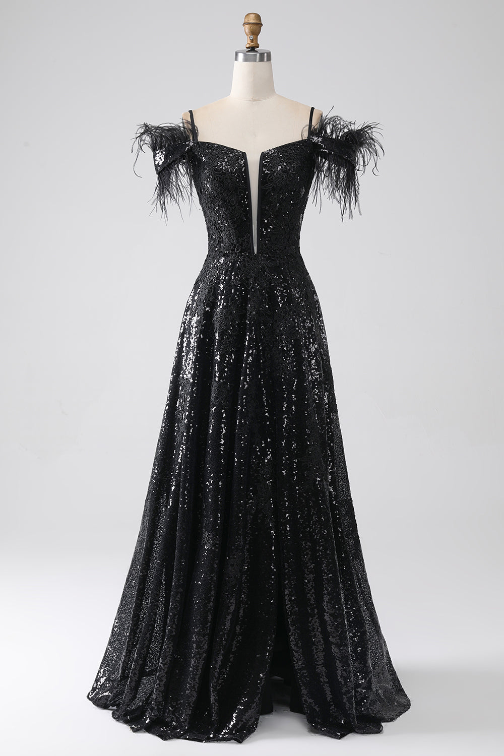 Robe de bal longue évasée à épaules dénudées avec fente et sequins