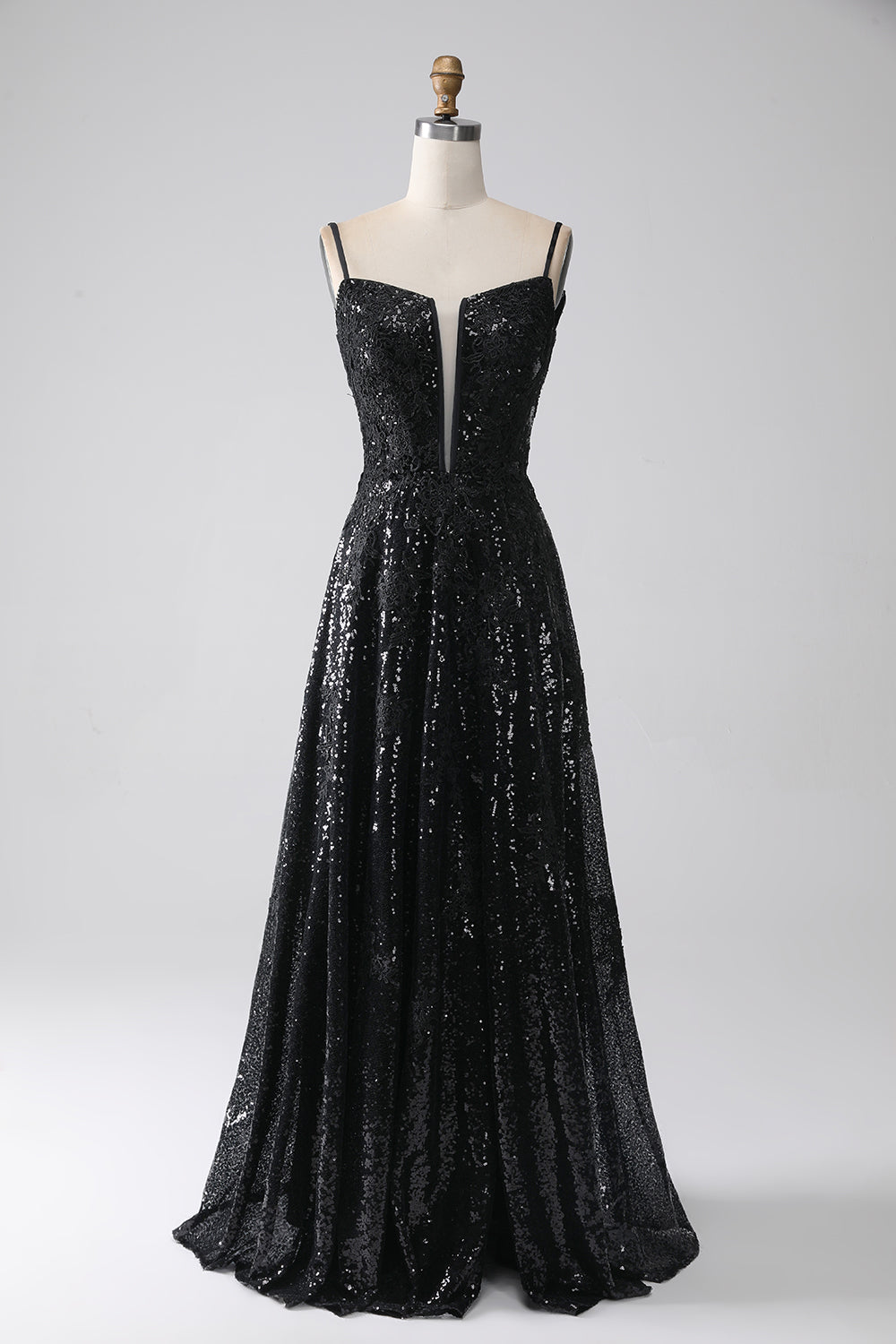 Robe de bal longue évasée à épaules dénudées avec fente et sequins