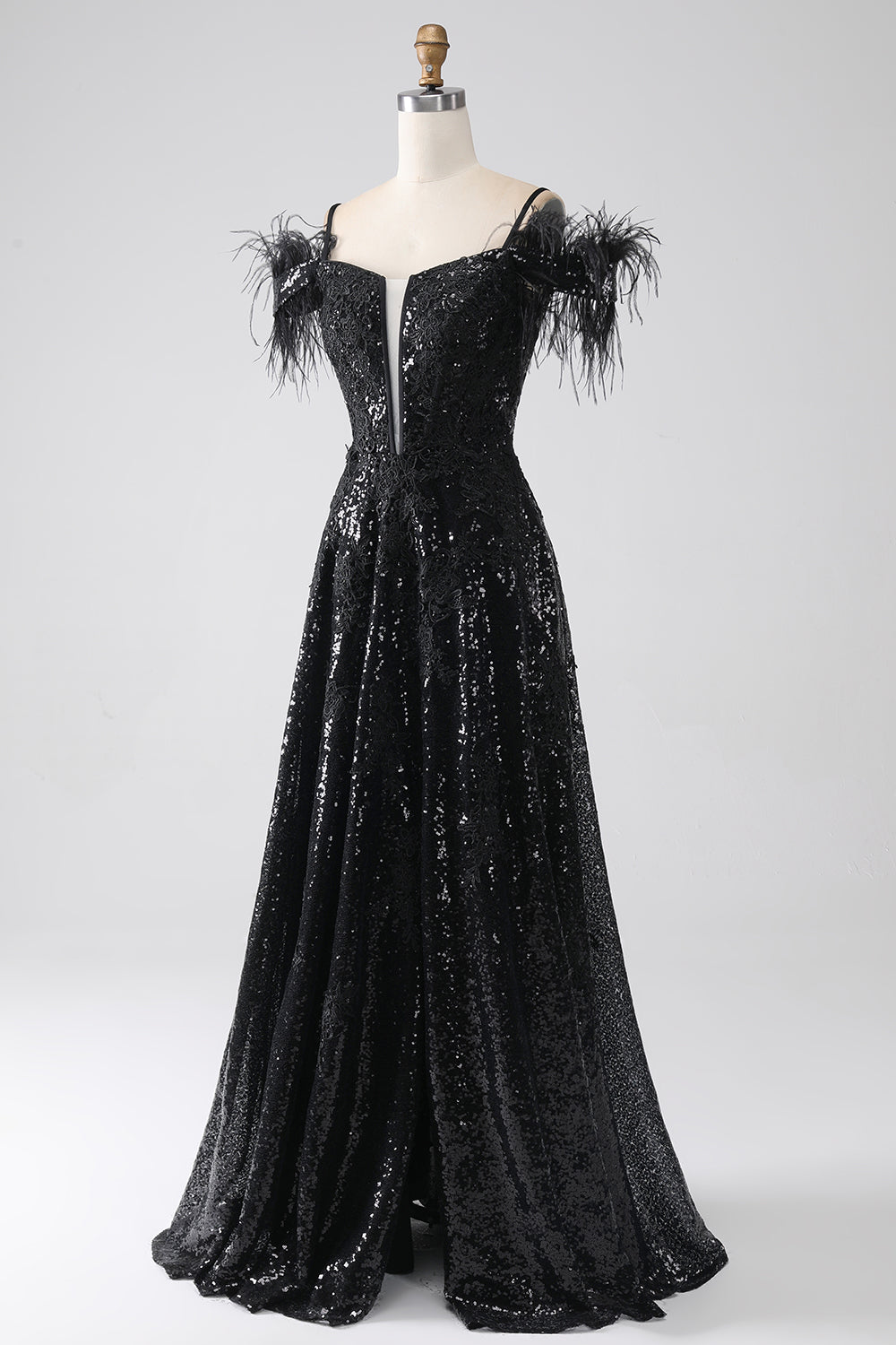 Robe de bal longue évasée à épaules dénudées avec fente et sequins