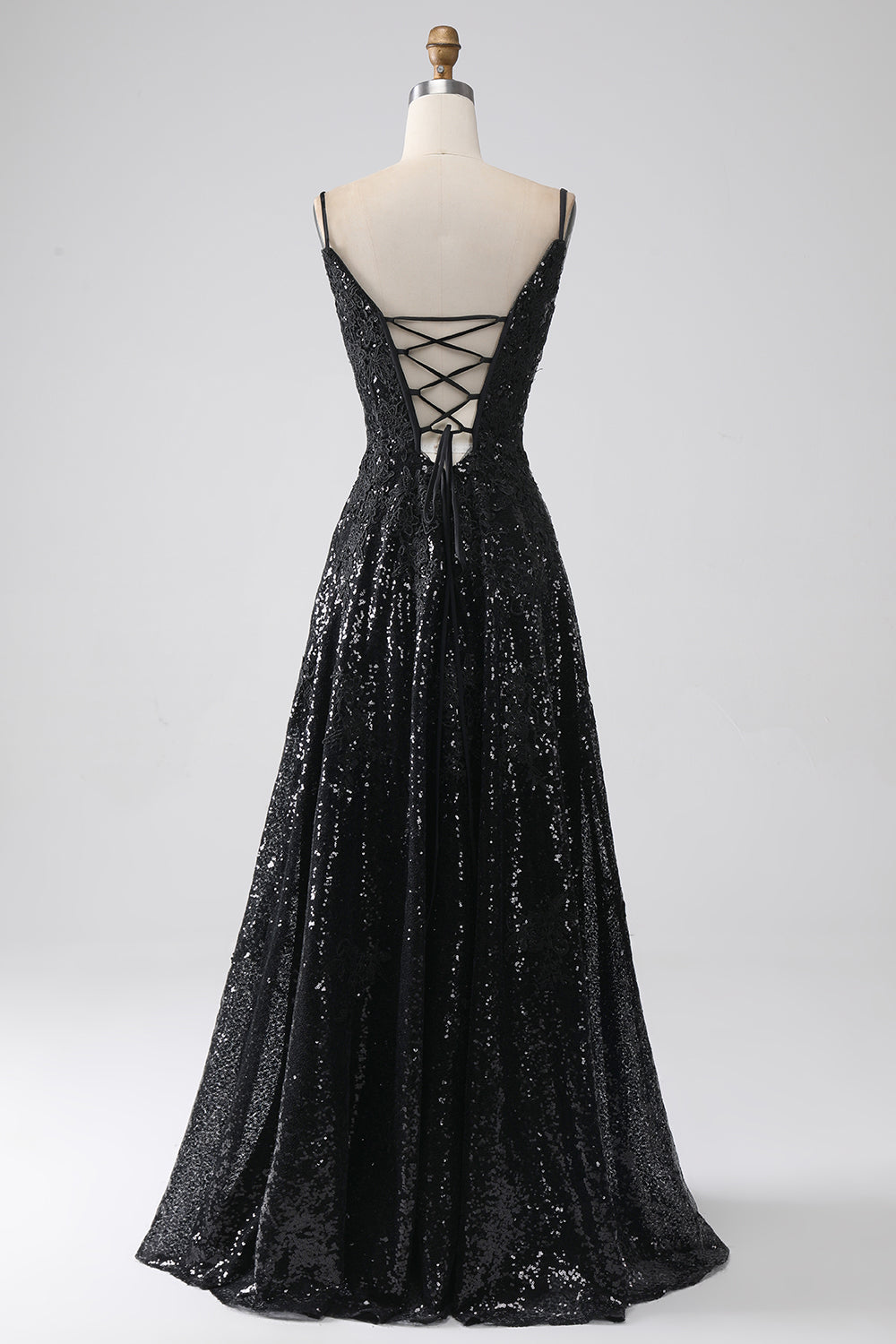 Robe de bal longue évasée à épaules dénudées avec fente et sequins