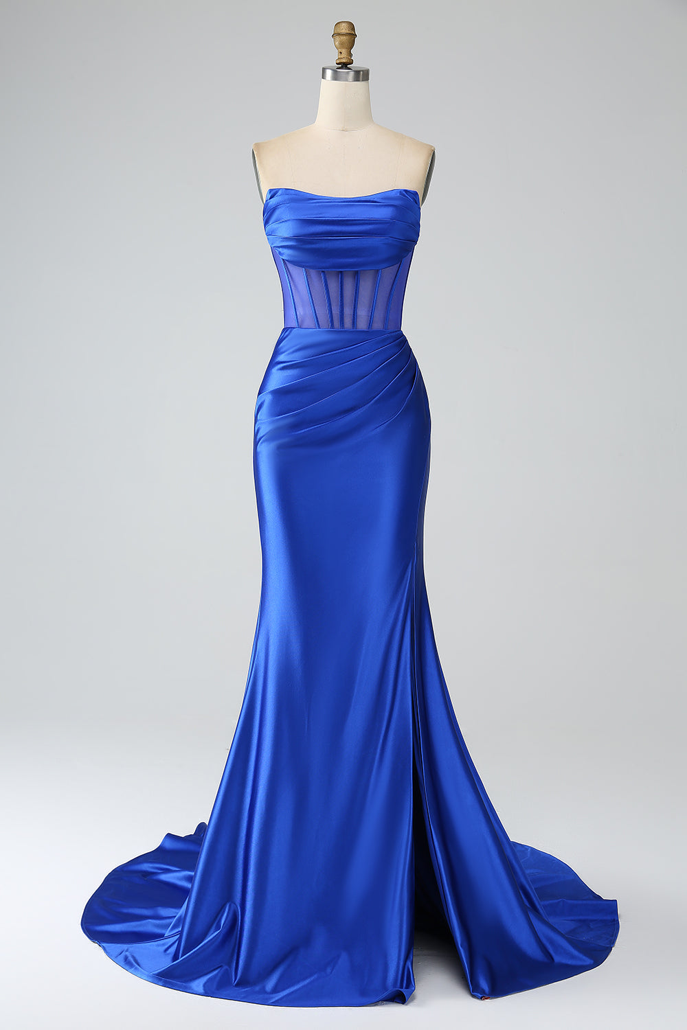 Robe de bal longue bustier sirène bleu roi avec fente