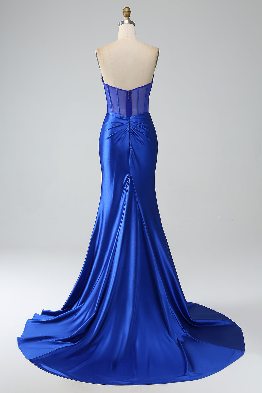 Robe de bal longue bustier sirène bleu roi avec fente