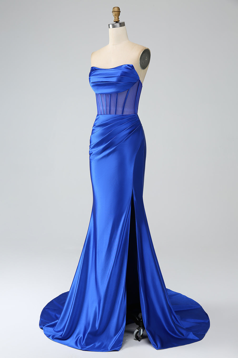 Robe de bal longue bustier sirène bleu roi avec fente
