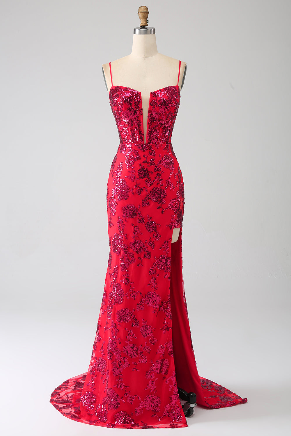 Robe de bal sirène rouge foncé à sequins avec fente